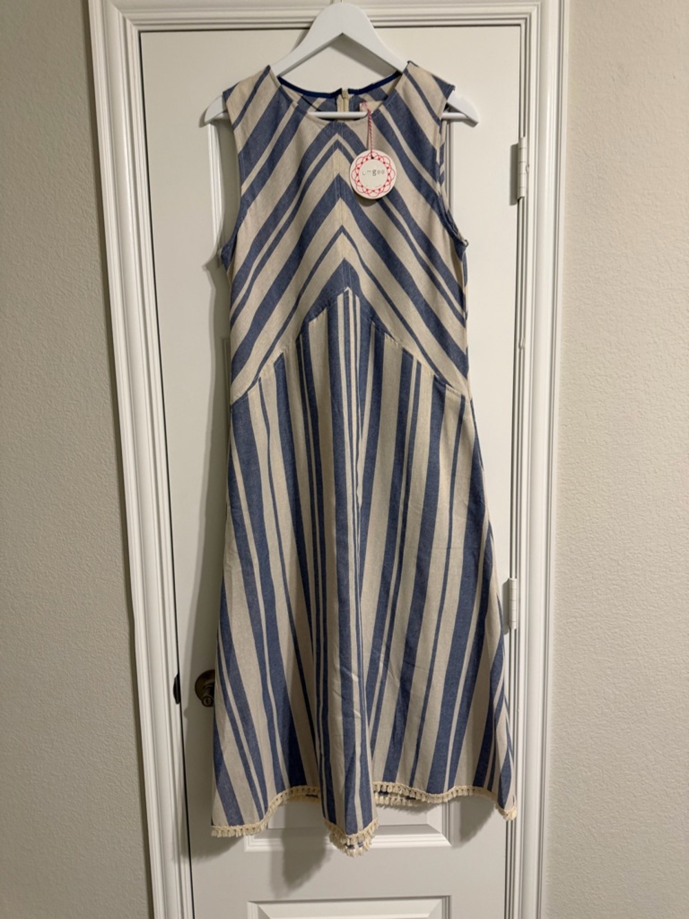 Umgee Blue and Cream Striped Sleeveless A-Line Dress NWT
